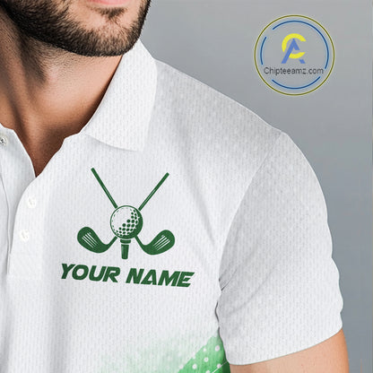 Green Geometric Triangle Pattern Mens Golf Polo Shirt Custom Watercolor Golf Ball White Golf Tops NHN0119