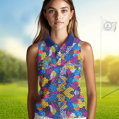 Colorful Paisley Pattern Womens Sleeveless Golf Polo Shirt Custom Tropical Golf Attire For Ladies NHN0147