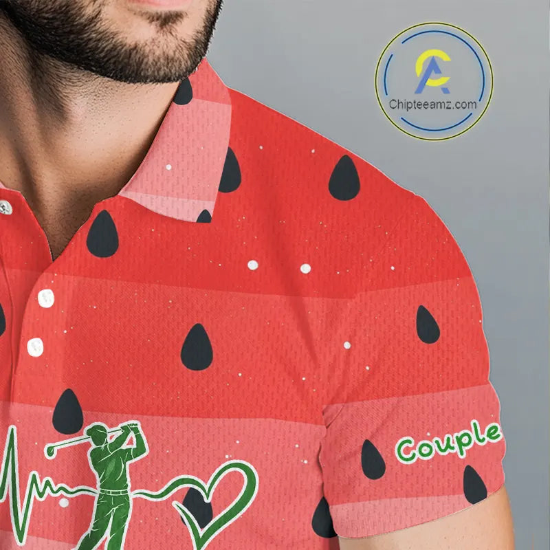 Watermelon Polo Shirt For Women Men, Heartbeat Couple Matching Golf Polo Shirt Custom Valentines Outfit NHN0148