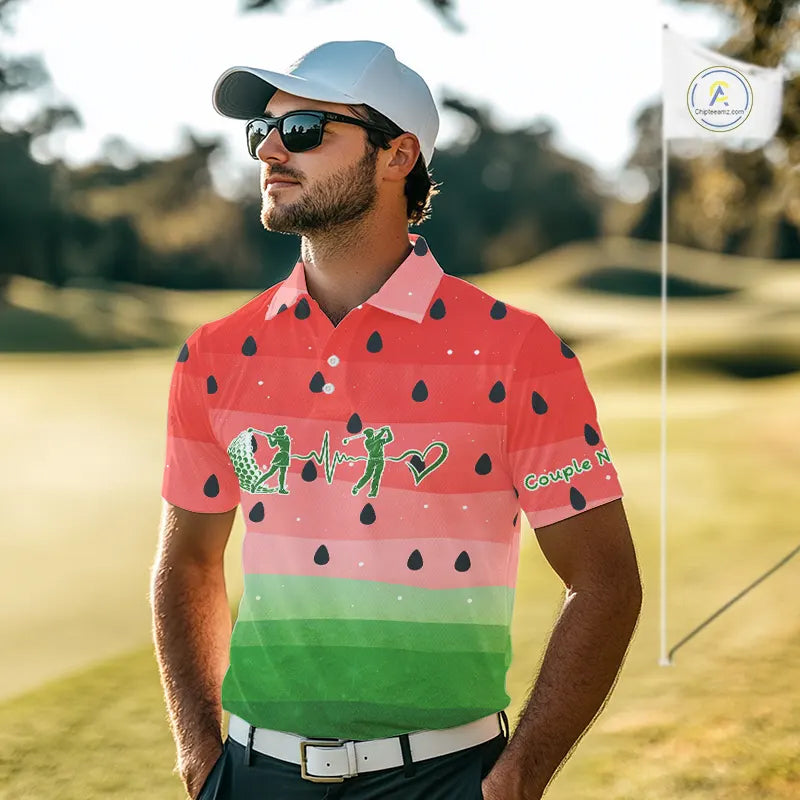 Watermelon Polo Shirt For Women Men, Heartbeat Couple Matching Golf Polo Shirt Custom Valentines Outfit NHN0148