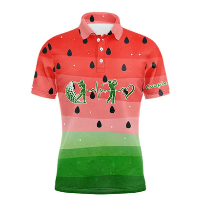 Watermelon Polo Shirt For Women Men, Heartbeat Couple Matching Golf Polo Shirt Custom Valentines Outfit NHN0148