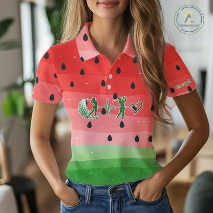 Watermelon Polo Shirt For Men Women, Heartbeat Couple Matching Golf Polo Shirt Custom Valentines Outfit NHN0148