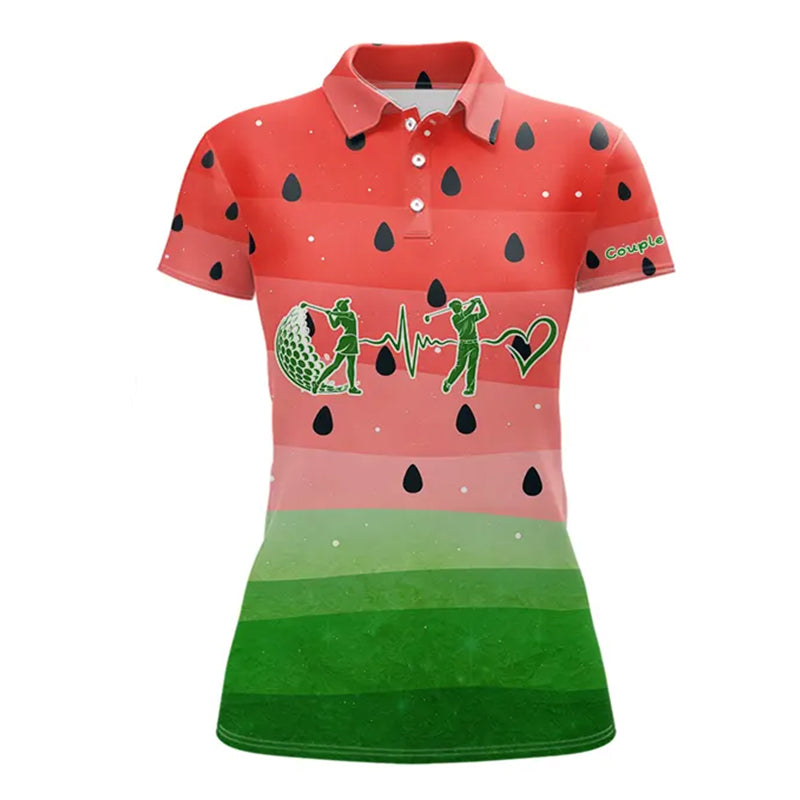 Watermelon Polo Shirt For Men Women, Heartbeat Couple Matching Golf Polo Shirt Custom Valentines Outfit NHN0148