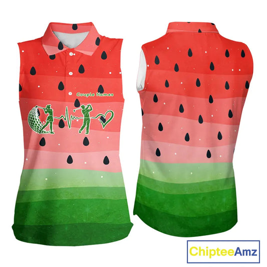 Watermelon Polo Shirt, Heartbeat Matching Sleeveless Golf Polo Shirt Custom Valentines Outfit NHN0148
