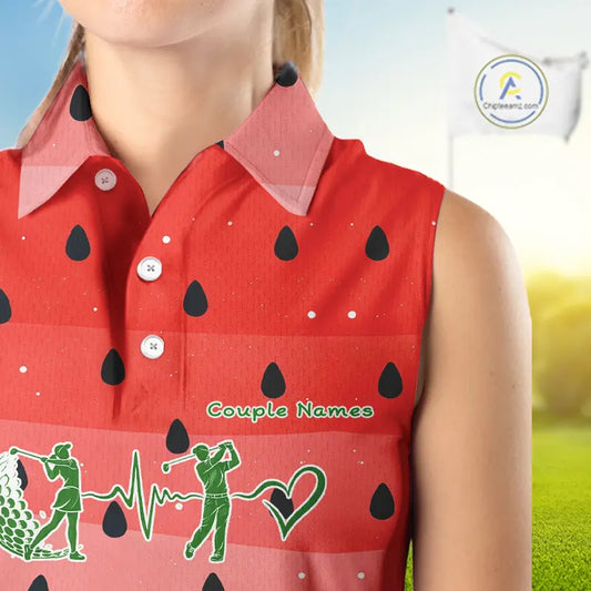 Watermelon Polo Shirt, Heartbeat Matching Sleeveless Golf Polo Shirt Custom Valentines Outfit NHN0148
