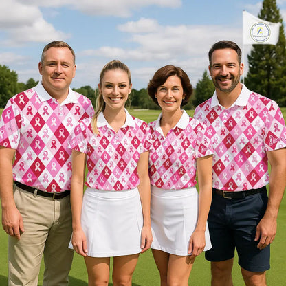 Pink Plaid Mens Golf Polo Shirt Custom Pink Ribbon Breast Cancer Awareness Team Golf Tops, Golf Gifts NHN0165