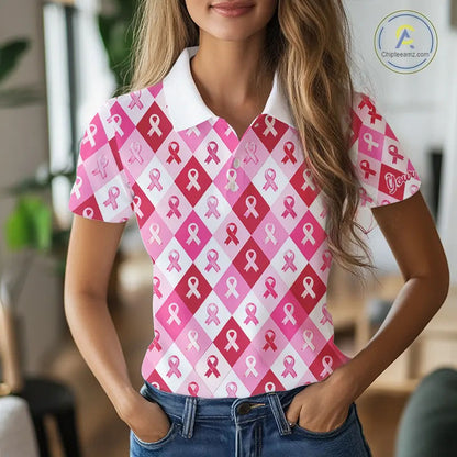 Pink Plaid Womens Golf Polo Shirt Custom Pink Ribbon Breast Cancer Awareness Team Golf Tops NHN0165