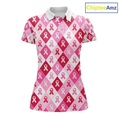 Pink Plaid Womens Golf Polo Shirt Custom Pink Ribbon Breast Cancer Awareness Team Golf Tops NHN0165