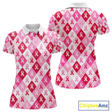 Load image into Gallery viewer, Pink Plaid Womens Golf Polo Shirt Custom Pink Ribbon Breast Cancer Awareness Team Golf Tops NHN0165