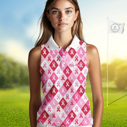 Pink Plaid Womens Sleeveless Golf Polo Shirt Custom Pink Ribbon Breast Cancer Awareness Team Golf Tops NHN0165