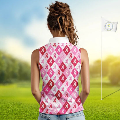 Pink Plaid Womens Sleeveless Golf Polo Shirt Custom Pink Ribbon Breast Cancer Awareness Team Golf Tops NHN0165
