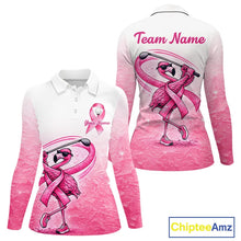 Load image into Gallery viewer, Pink Breast Cancer Golf Shirt, Funny Flamingo Womens Long Sleeve Golf Polo Shirt Custom Name Golf Gifts NHN0167