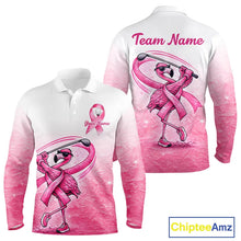 Load image into Gallery viewer, Pink Breast Cancer Golf Shirt, Funny Flamingo Long Sleeve Golf Polo Shirt Custom Name Golf Gifts NHN0167