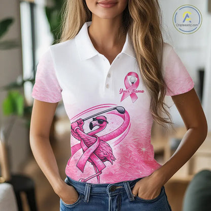 Pink Breast Cancer Golf Shirt, Funny Flamingo Womens Golf Polo Shirt Custom Cancer Awareness Golf Gifts NHN0167