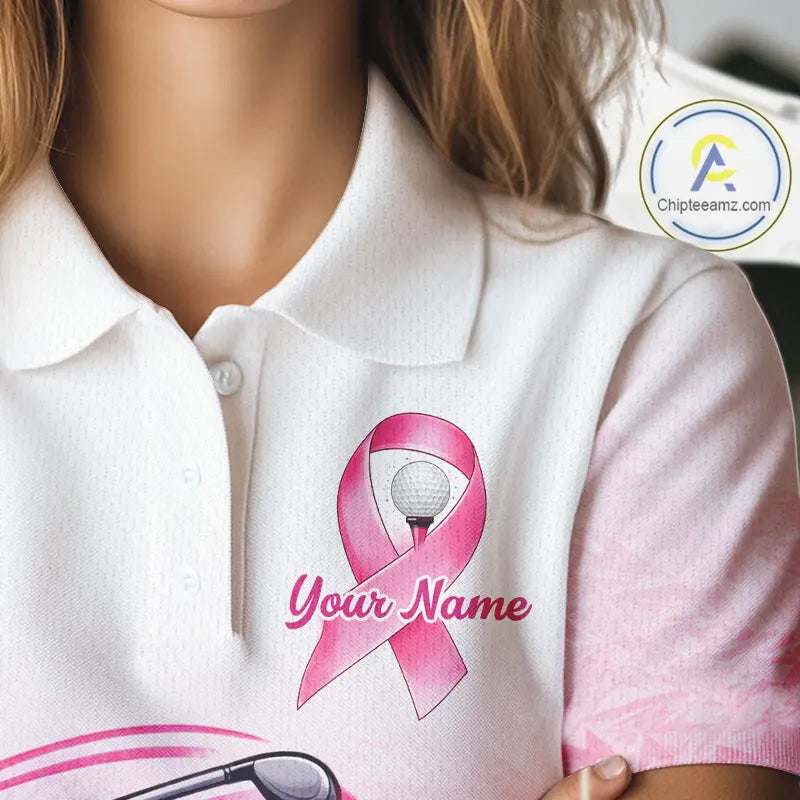 Pink Breast Cancer Golf Shirt, Funny Flamingo Womens Golf Polo Shirt Custom Cancer Awareness Golf Gifts NHN0167