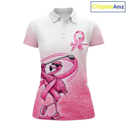 Pink Breast Cancer Golf Shirt, Funny Flamingo Womens Golf Polo Shirt Custom Cancer Awareness Golf Gifts NHN0167