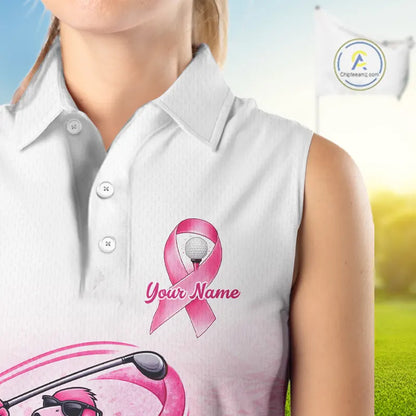 Pink Breast Cancer Golf Shirt, Funny Flamingo Womens Sleeveless Golf Polo Shirt Custom Name Golf Gifts NHN0167