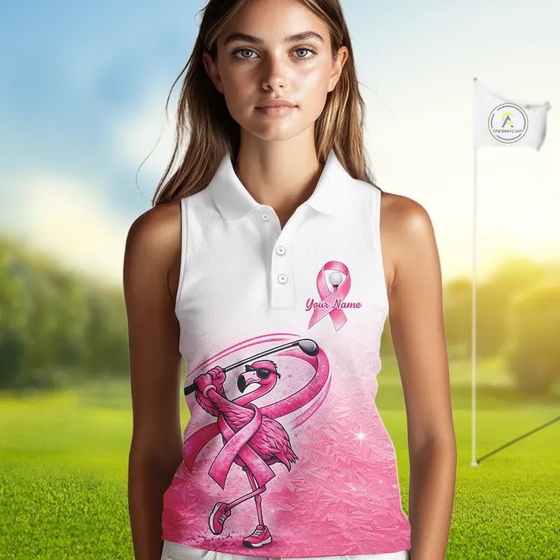 Pink Breast Cancer Golf Shirt, Funny Flamingo Womens Sleeveless Golf Polo Shirt Custom Name Golf Gifts NHN0167