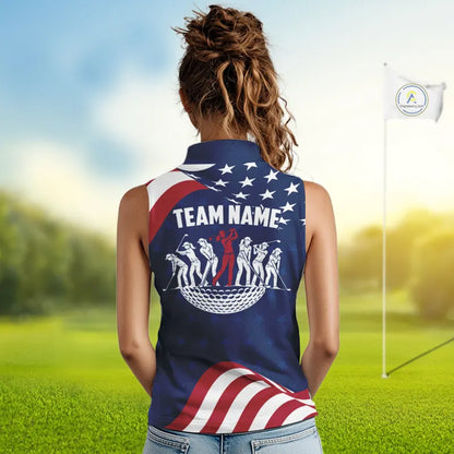 Funny Womens Sleeveless Golf Polo Shirt Custom Name American Flag Polo Shirt, Patriotic Gift NHN0173