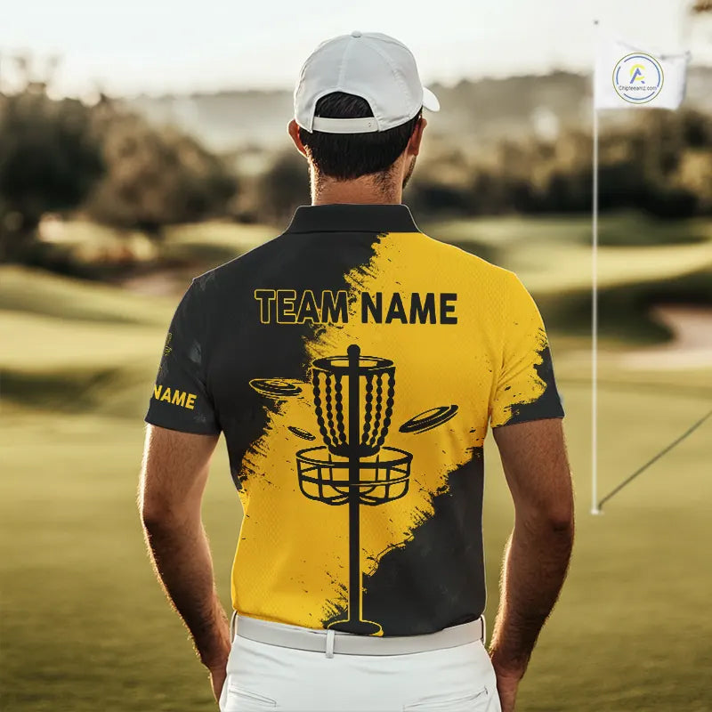 Mens Disc Golf Polo Shirt Custom Name Black And Yellow Disc Golf Basket Personalized Disc Golf Shirts NHN0050