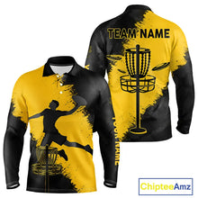 Load image into Gallery viewer, Mens Long Sleeve Disc Golf Polo Shirt Custom Name Black And Yellow Disc Golf Basket Golf Shirts NHN0050