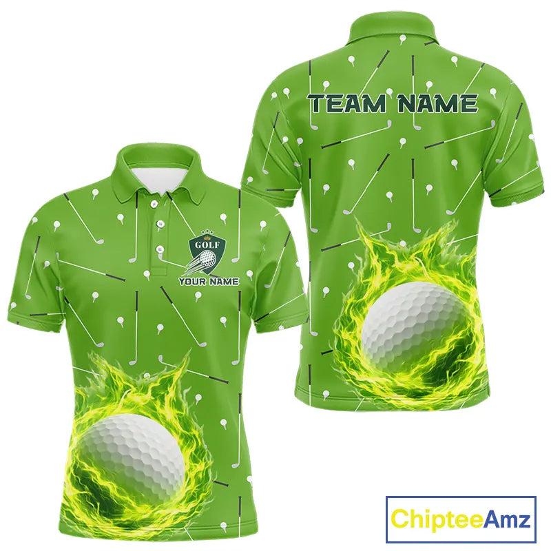 Mens Golf Polo Shirt Custom Green And White Golf Ball Flame Team Golf Shirts, Golf Tops For Men NHN0179