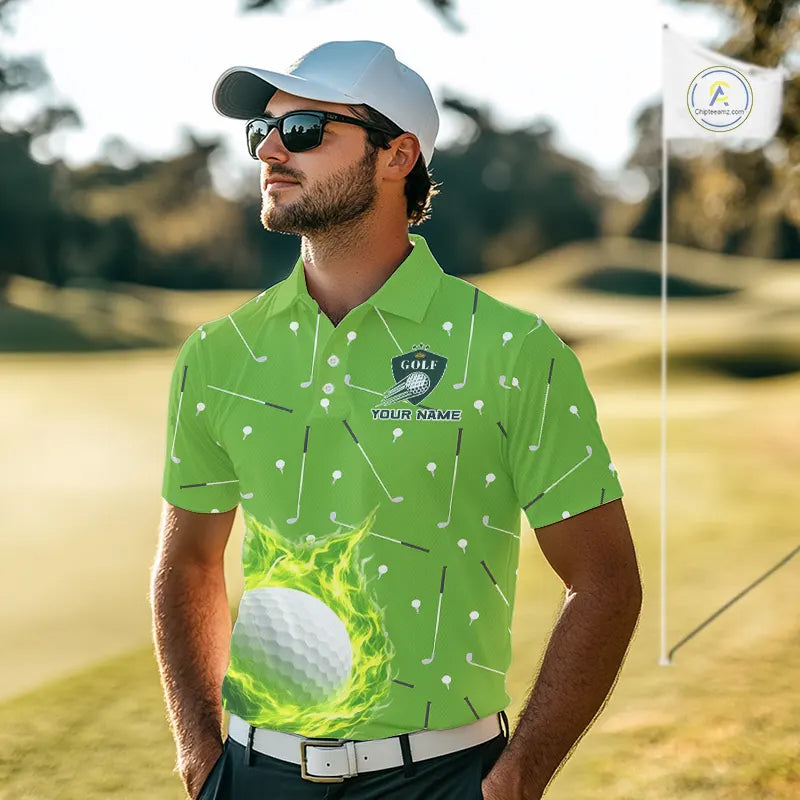 Mens Golf Polo Shirt Custom Green And White Golf Ball Flame Team Golf Shirts, Golf Tops For Men NHN0179