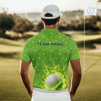 Mens Golf Polo Shirt Custom Green And White Golf Ball Flame Team Golf Shirts, Golf Tops For Men NHN0179