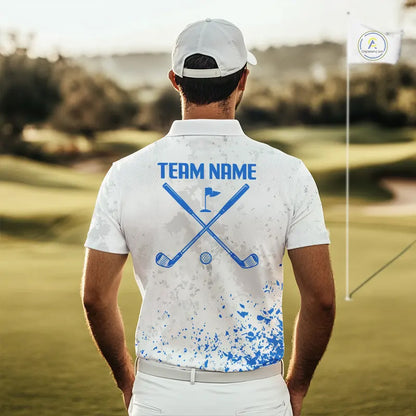 Blue And White Polygonal Pattern Mens Golf Polo Shirts Custom White Golf Clubs Golf Shirt For Men NHN0101