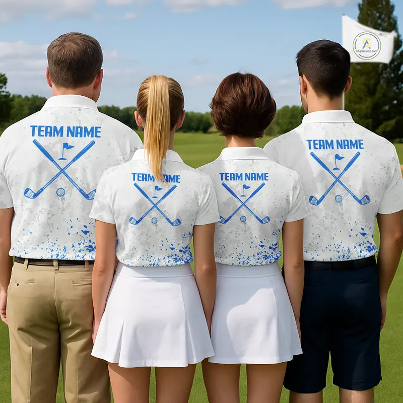 Blue And White Polygonal Pattern Mens Golf Polo Shirts Custom White Golf Clubs Golf Shirt For Men NHN0101