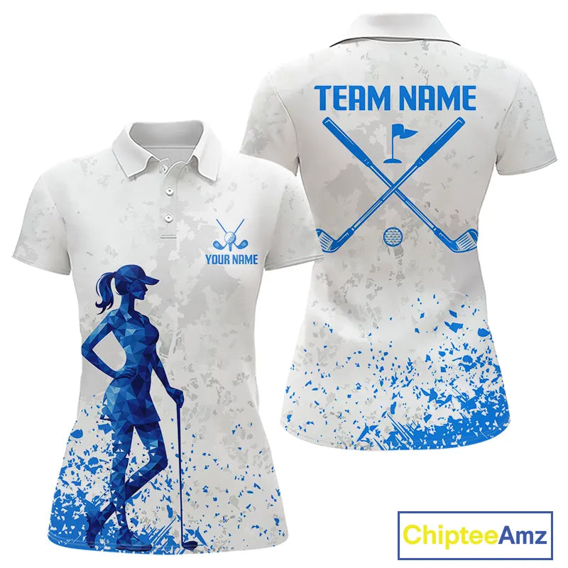 Blue And White Polygonal Pattern Womens Golf Polo Shirts Custom White Golf Clubs Golf Shirt For Ladies NHN0101