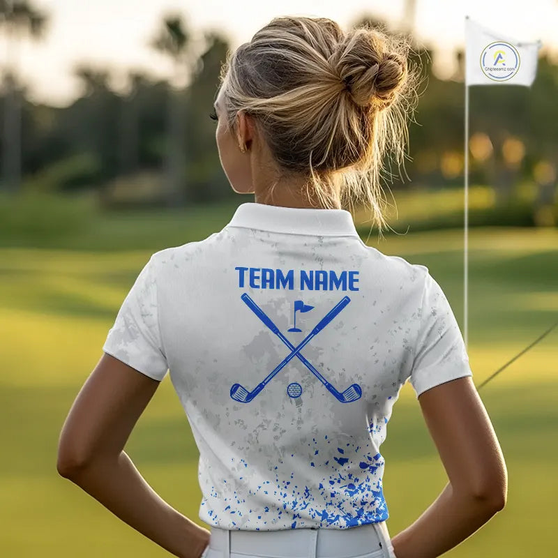 Blue And White Polygonal Pattern Womens Golf Polo Shirts Custom White Golf Clubs Golf Shirt For Ladies NHN0101