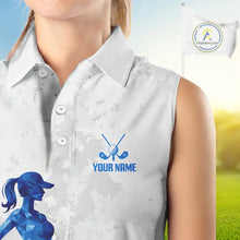 Load image into Gallery viewer, Blue And White Womens Sleeveless Golf Polo Shirt Custom White Golf Clubs Golf Shirt For Ladies NHN0101