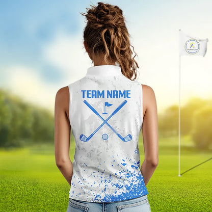 Blue And White Womens Sleeveless Golf Polo Shirt Custom White Golf Clubs Golf Shirt For Ladies NHN0101