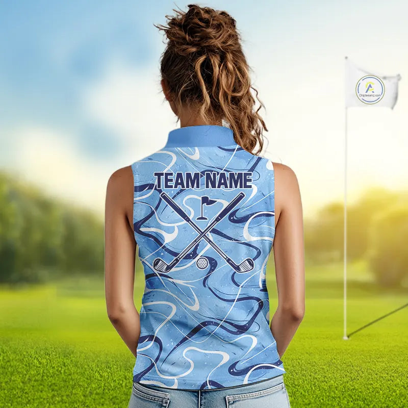 Blue And White Womens Sleeveless Golf Polo Shirt Custom Blue Camo Golf Tops For Ladies, Golf Gifts NHN0112