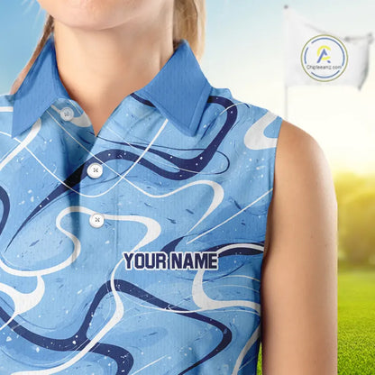 Blue And White Womens Sleeveless Golf Polo Shirt Custom Blue Camo Golf Tops For Ladies, Golf Gifts NHN0112
