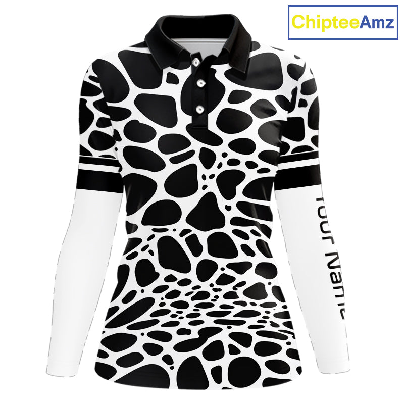 Womens Long Sleeve Golf Polo Shirt Custom White Animal Mix Leopard Skin Prints Pattern Team Golf Tops NHN0230