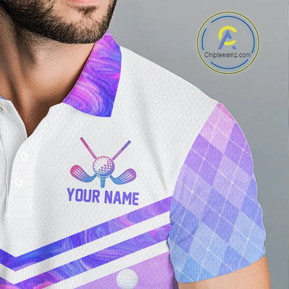 Argyle Mens Golf Polo Shirt Custom Pink & Purple Plaid Golf Clubs Pattern Team Golf Top, Golf Gifts NHN0116