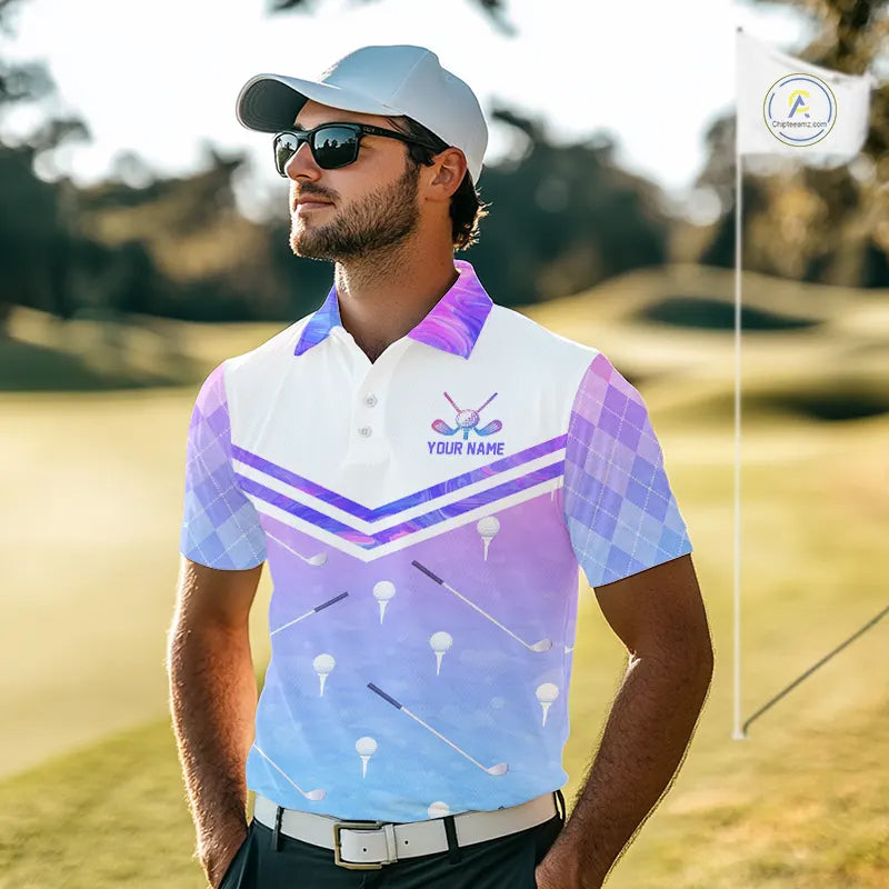 Argyle Mens Golf Polo Shirt Custom Pink & Purple Plaid Golf Clubs Pattern Team Golf Top, Golf Gifts NHN0116