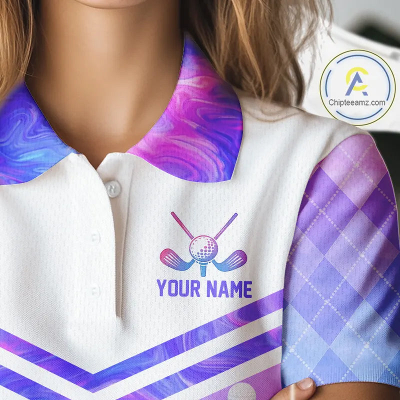 Argyle Womens Golf Polo Shirt Custom Pink & Purple Plaid Golf Clubs Pattern Team Golf Top, Golf Gifts NHN0116