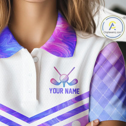 Argyle Womens Golf Polo Shirt Custom Pink & Purple Plaid Golf Clubs Pattern Team Golf Top, Golf Gifts NHN0116
