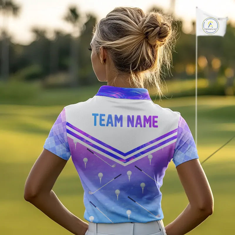 Argyle Womens Golf Polo Shirt Custom Pink & Purple Plaid Golf Clubs Pattern Team Golf Top, Golf Gifts NHN0116