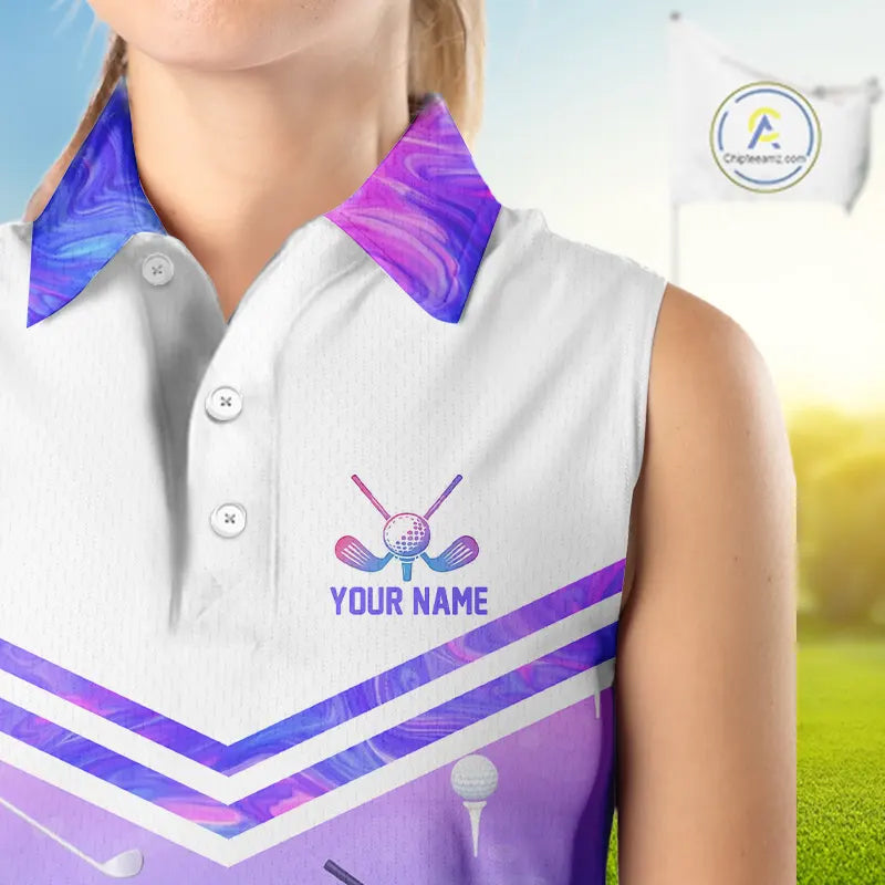 Argyle Womens Sleeveless Golf Polo Shirt Custom Pink & Purple Plaid Golf Clubs Pattern Team Golf Top NHN0116