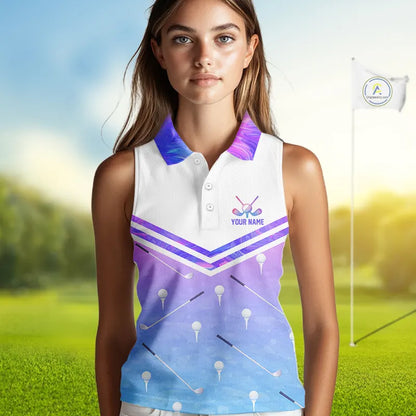 Argyle Womens Sleeveless Golf Polo Shirt Custom Pink & Purple Plaid Golf Clubs Pattern Team Golf Top NHN0116