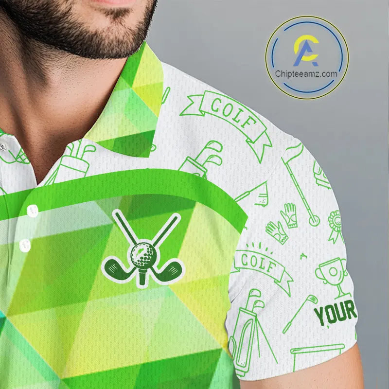 Green Geometric Triangle Pattern Mens Golf Polo Shirt Custom Golf Clubs & Golf Ball Mens Golf Tops NHN0121