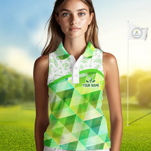 Load image into Gallery viewer, Green Geometric Triangle Womens Sleeveless Golf Polo Shirt Custom Golf Clubs &amp; Golf Ball Ladies Golf Tops NHN0121