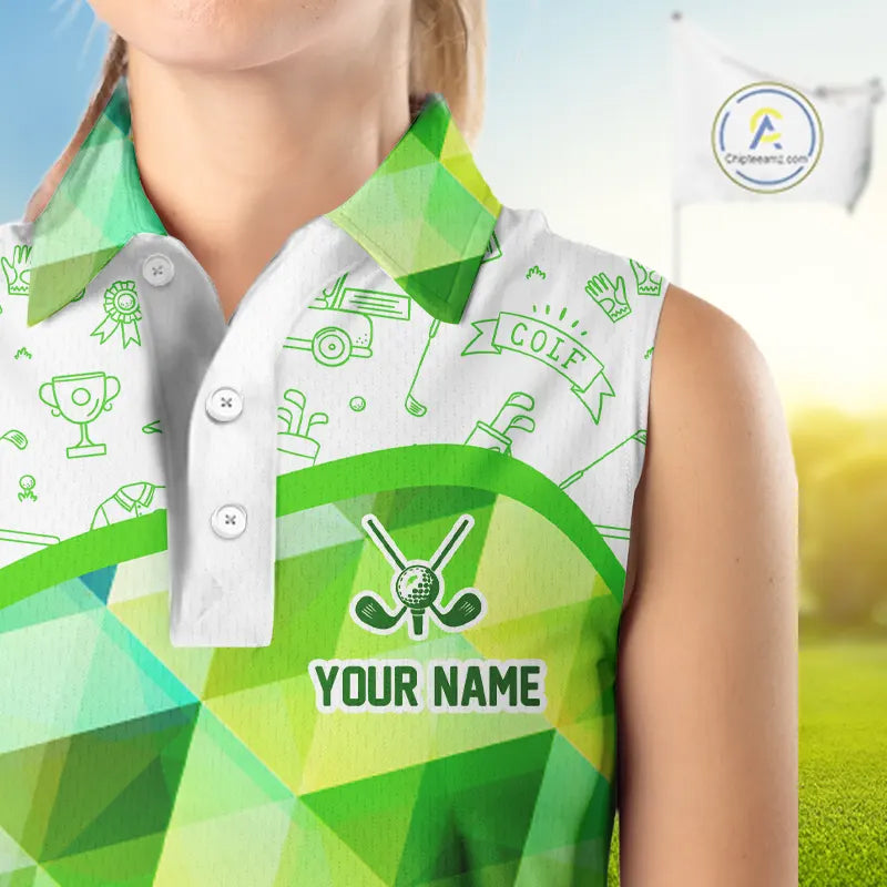 Green Geometric Triangle Womens Sleeveless Golf Polo Shirt Custom Golf Clubs & Golf Ball Ladies Golf Tops NHN0121