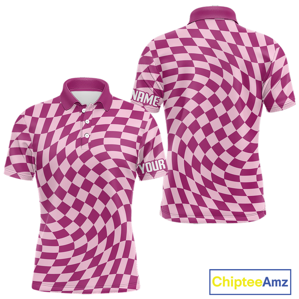 Plaid Mens Golf Polo Shirt Custom Purple & Pink Checkerboard Argyle Pattern Golf Shirts For Men NHN0128