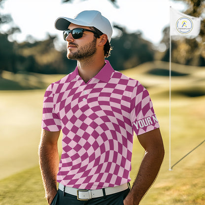 Plaid Mens Golf Polo Shirt Custom Purple & Pink Checkerboard Argyle Pattern Golf Shirts For Men NHN0128
