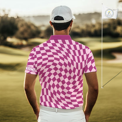 Plaid Mens Golf Polo Shirt Custom Purple & Pink Checkerboard Argyle Pattern Golf Shirts For Men NHN0128